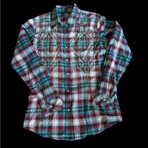 Wrangler Rock 47 Shirt Women Med Blue Red Plaid Metallic Western Rhinestone Snap